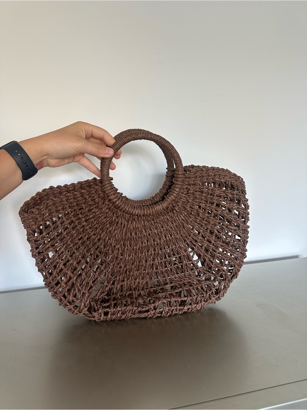 Brown Woven Handheld Straw Tote Bag